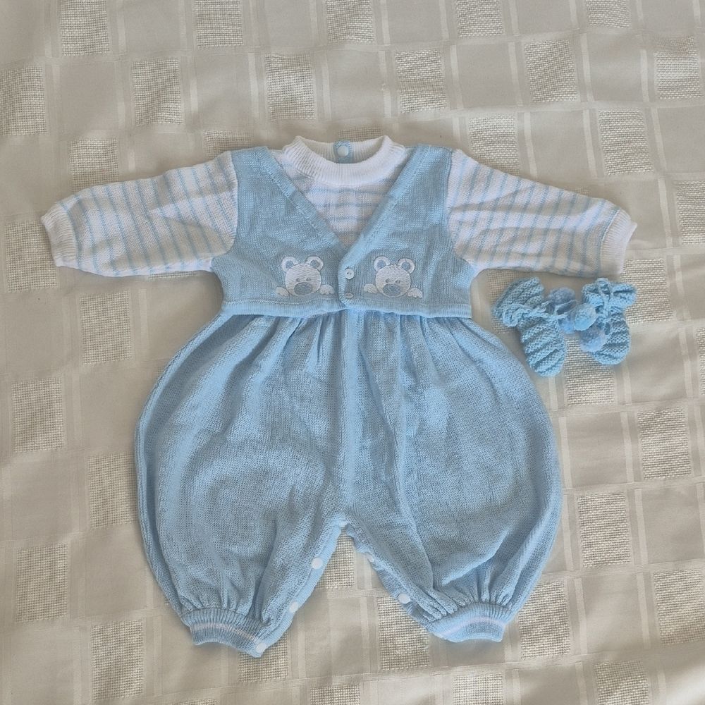 Charming Blue Baby Footie with Bear Embroidery